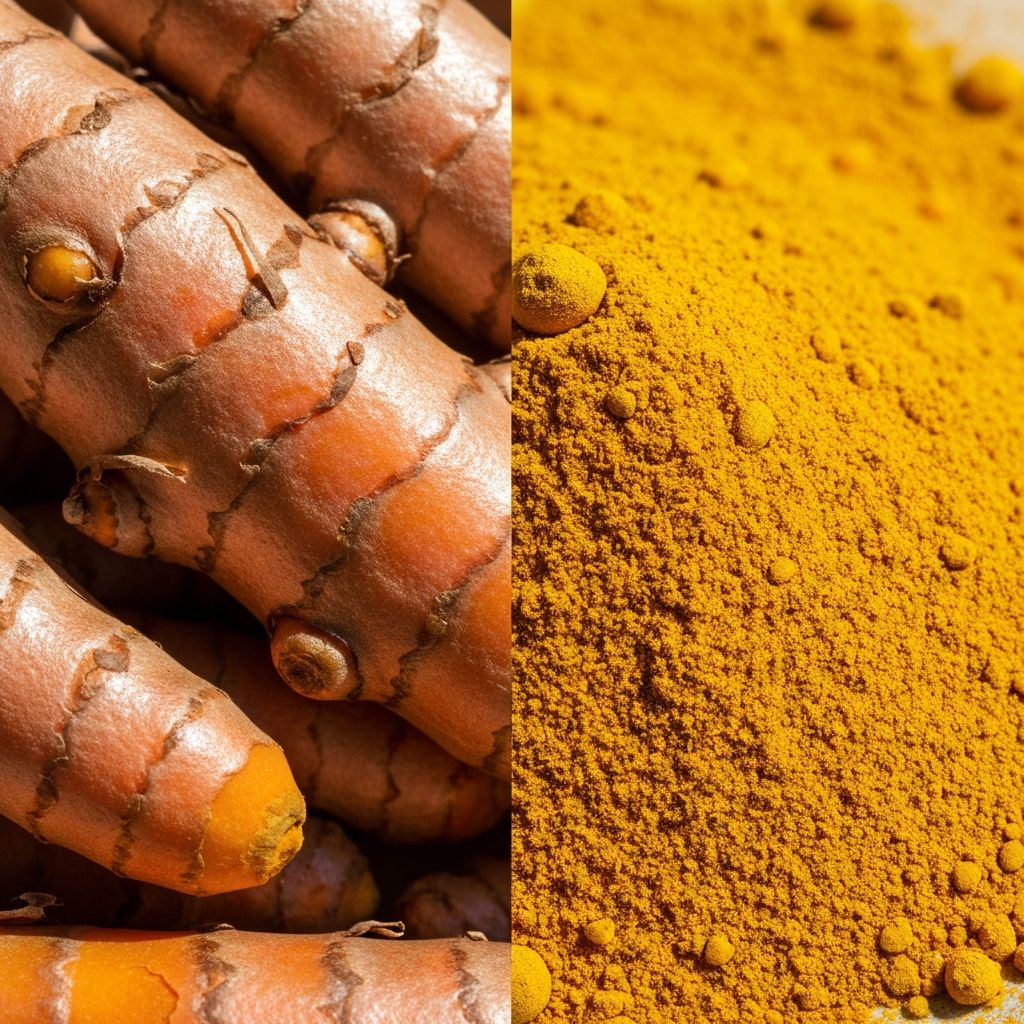 Fresh turmeric root and powder